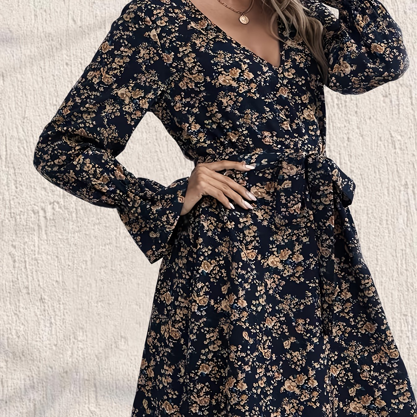 Floral Print V Neck Dress Long Sleeve Belted