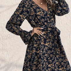 Floral Print V Neck Dress Long Sleeve Belted