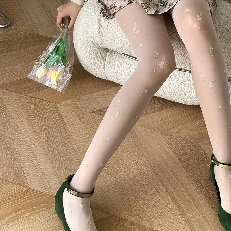 Floral Print High Waist Sheer Slim Pantyhose