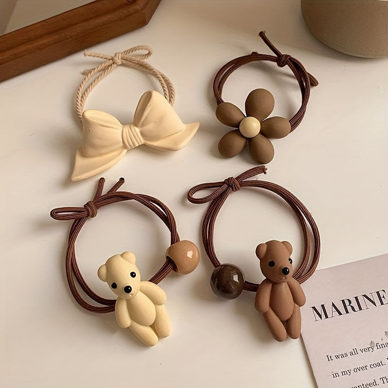4pcs Bow Bear Flowers Hair Tie Ponytail Holders Hair Accessories For Girls