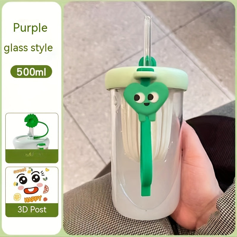 500ml Portable Glass Cup with Lid and Straw for Outdoor Sports Fitness Travel