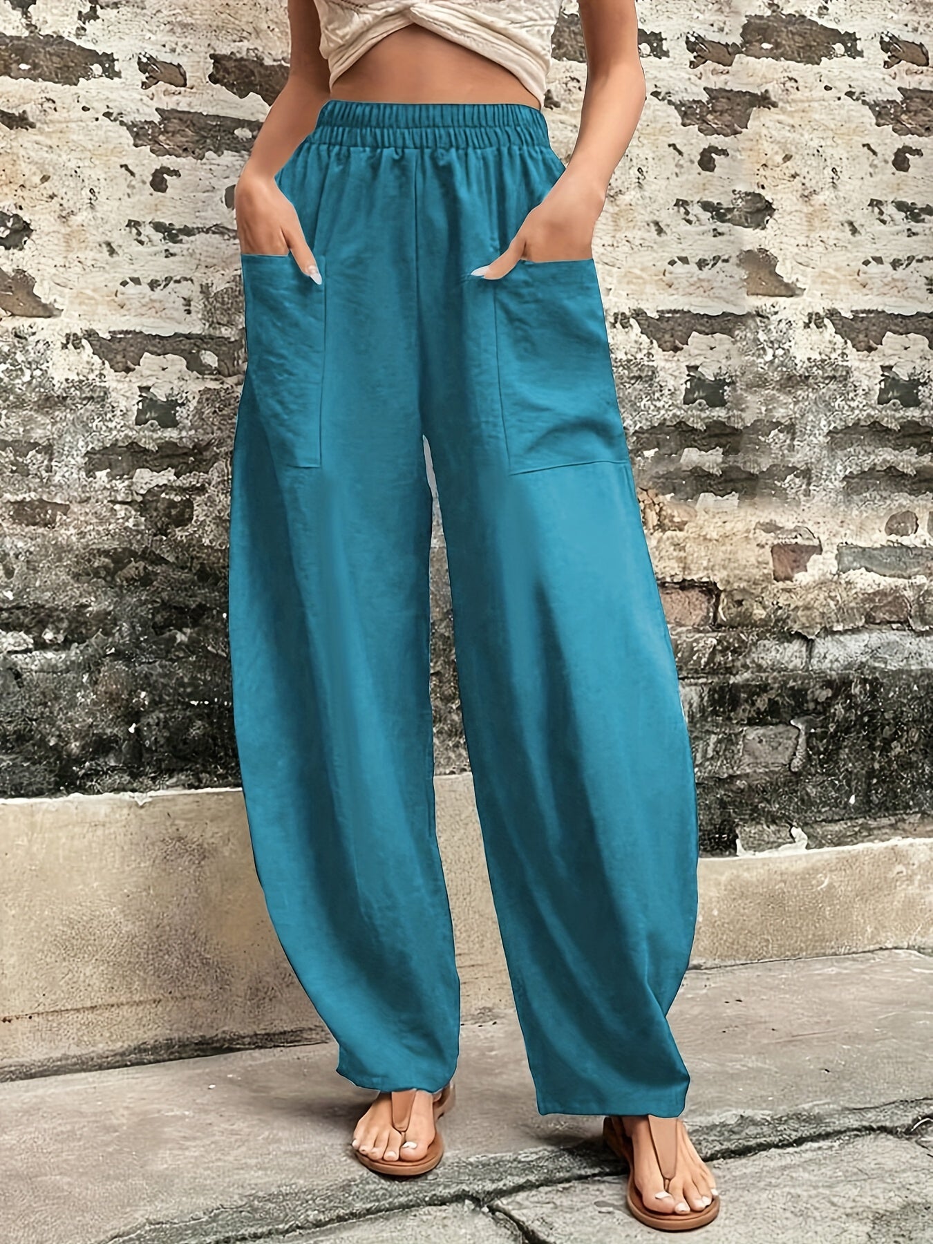 Elastic Waist Wide Leg Pants With Pockets Women's Clothing