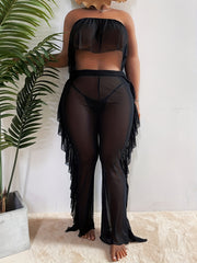 Mesh Cover Up Top & Ruffle Trim Pants Bathing Suit Set