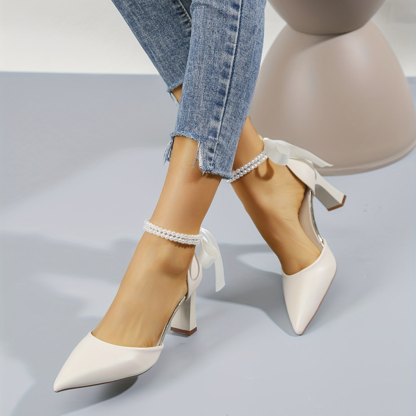 Faux Pearl Chain Block Heel Pumps with Bow Detail