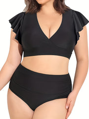 Vacay Tankini Set Solid Warp V Neck Cap Sleeve Crop Top