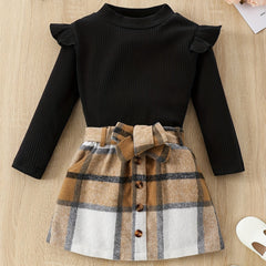 Girl's Ribbed Long Sleeve Top & Belted Skirt Set