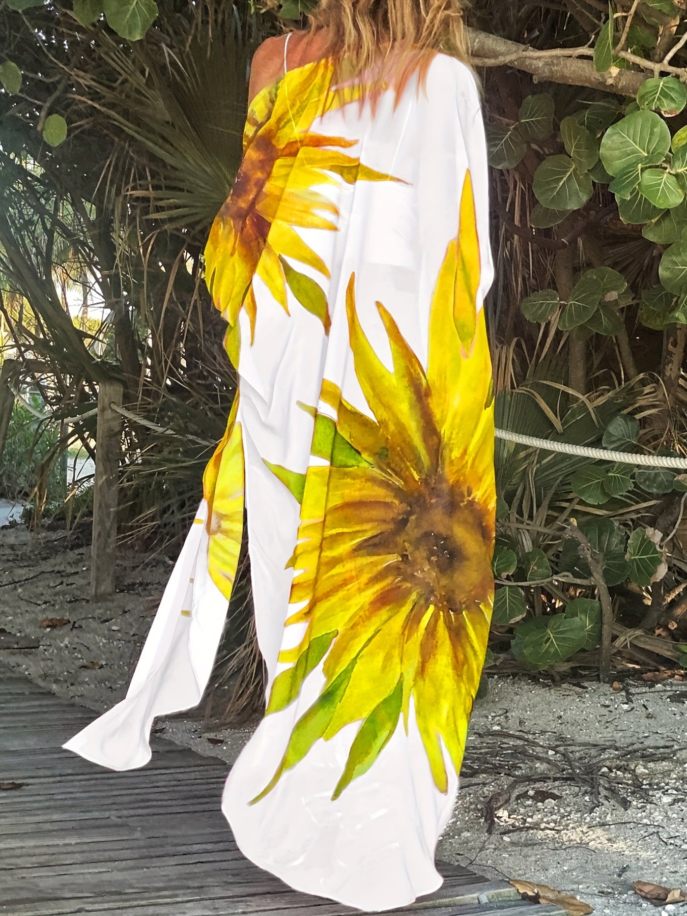 Sunflower Pattern Swimsuit Cover Up V Neck Beachwear