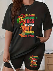 Casual 2pcs Set Women's Plus Graphic Tee & Biker Shorts Set