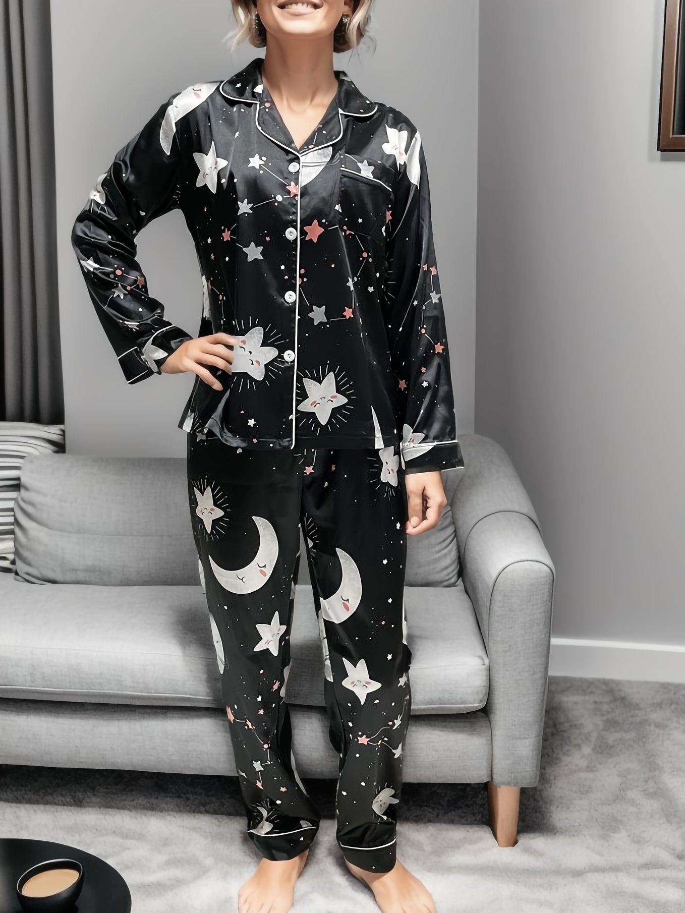 Starry Print Pajama Set Long Sleeve Buttons Top & Elastic Waistband Pants
