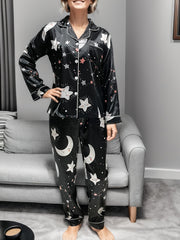 Starry Print Pajama Set Long Sleeve Buttons Top & Elastic Waistband Pants