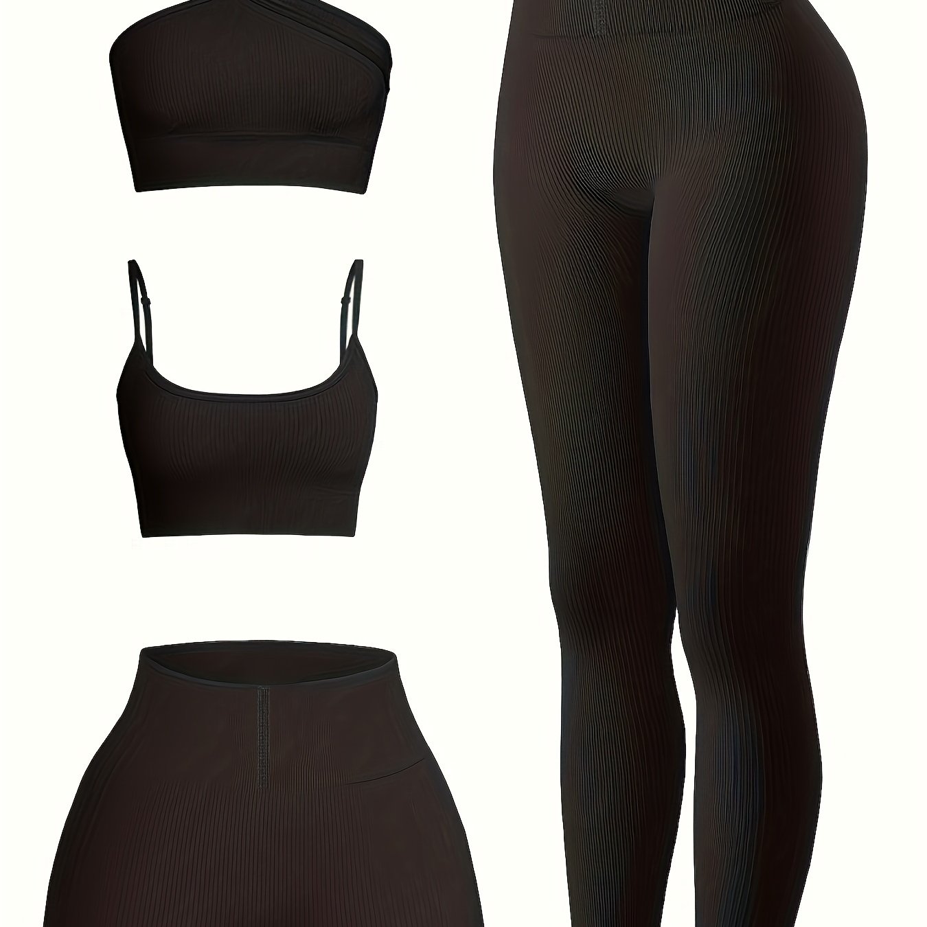 4pcs Yoga Sets Cami Sports Top One Shoulder Crop Top High Waist Shorts & Legging
