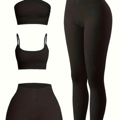 4pcs Yoga Sets Cami Sports Top One Shoulder Crop Top High Waist Shorts & Legging
