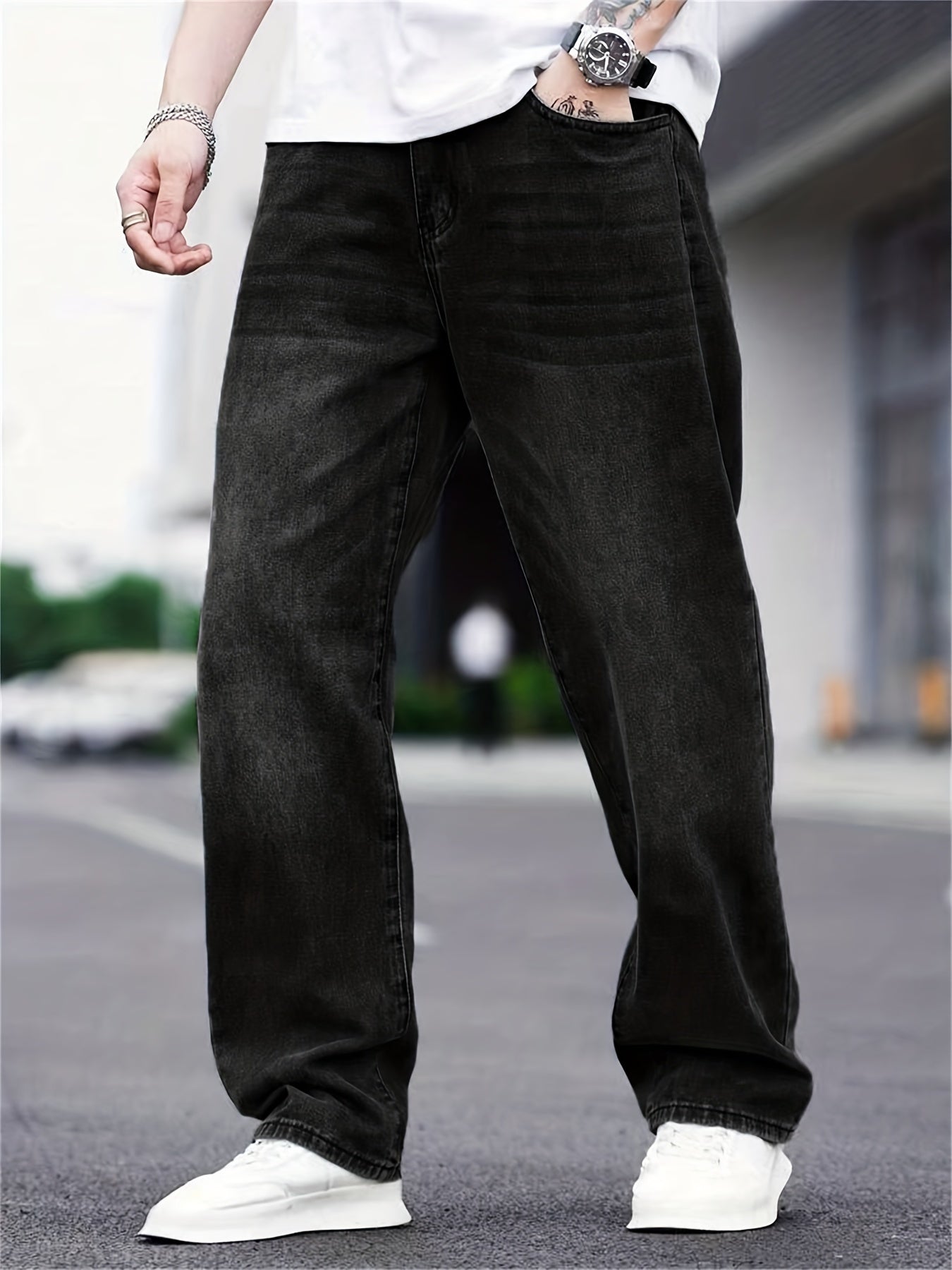 Men's Distressed Denim Pants Loose Fit Wide Leg Jeans
