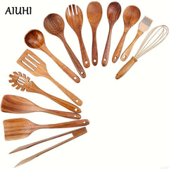 13pcs Teak Wood Kitchen Utensils Set with Spoon Rest Tong Whisk