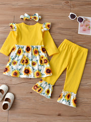 Girls Printed Bow Long Sleeve Top Flared Pants 3pcs Set