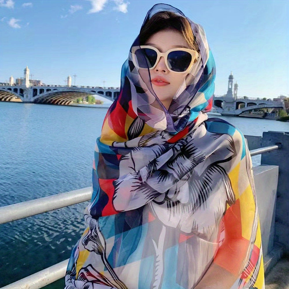 Oversized Floral Print Scarf Geometric Gauze Shawl Wrap