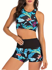 Vacay Bikini Set Tropical Print Racer Back Tank Bra & High Rise Shorts