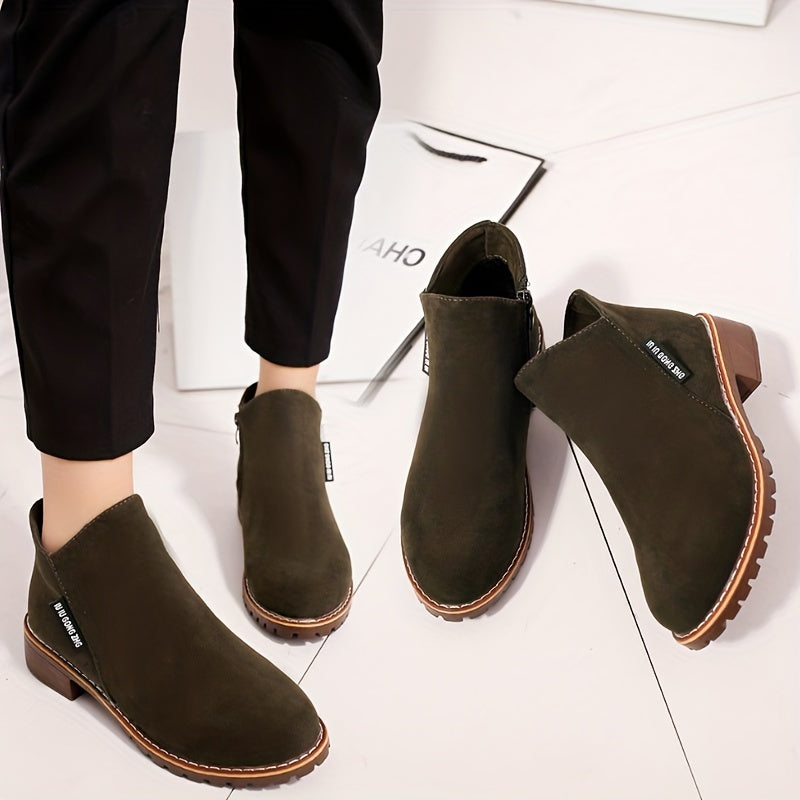 Chunky Heeled Ankle Boots Round Toe Zipper Shoes