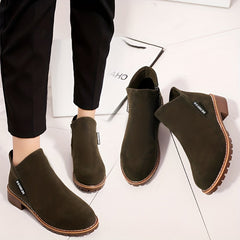 Chunky Heeled Ankle Boots Round Toe Zipper Shoes