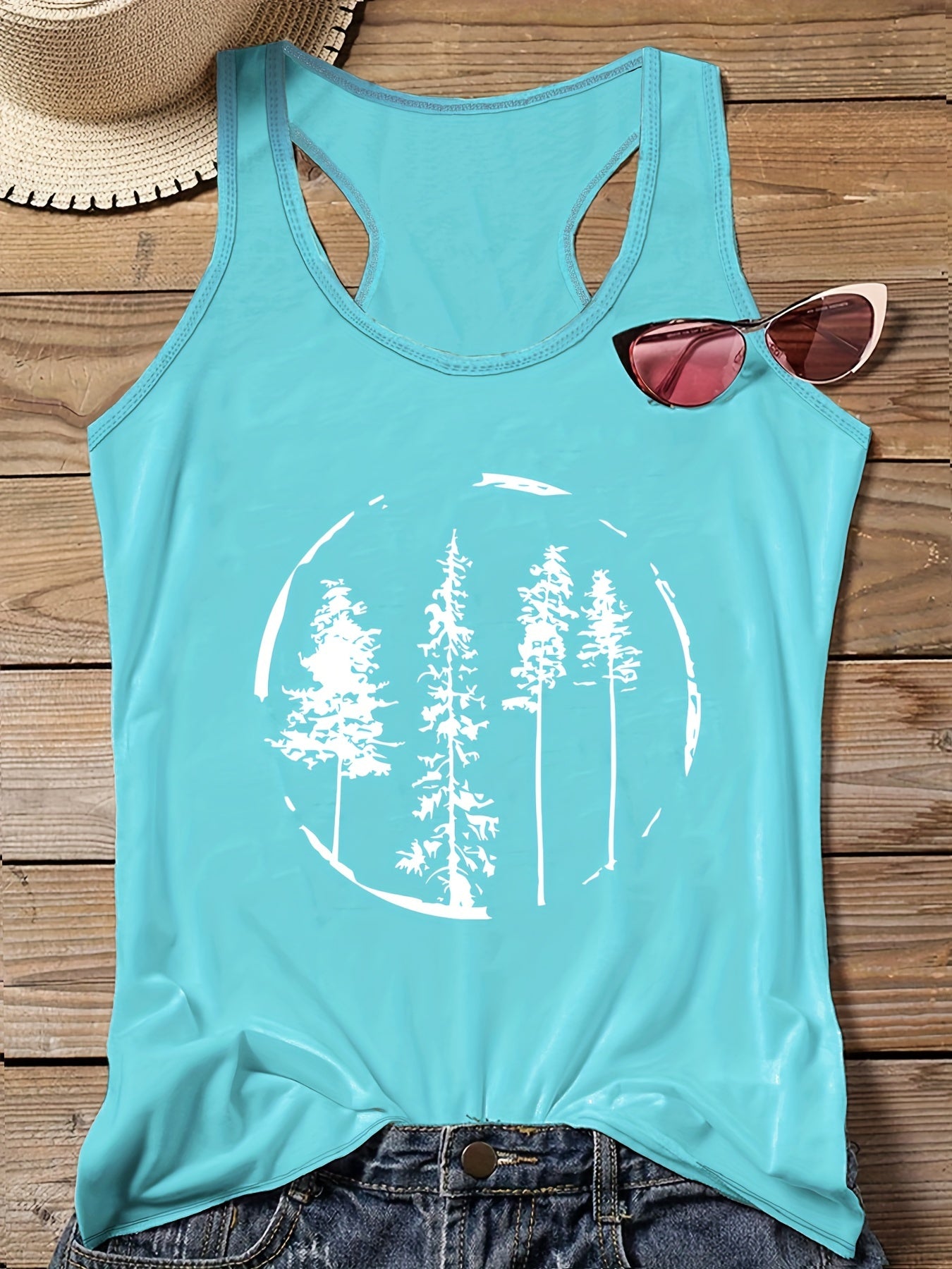 Tree Print Round Neck Vest Top Women's Plus