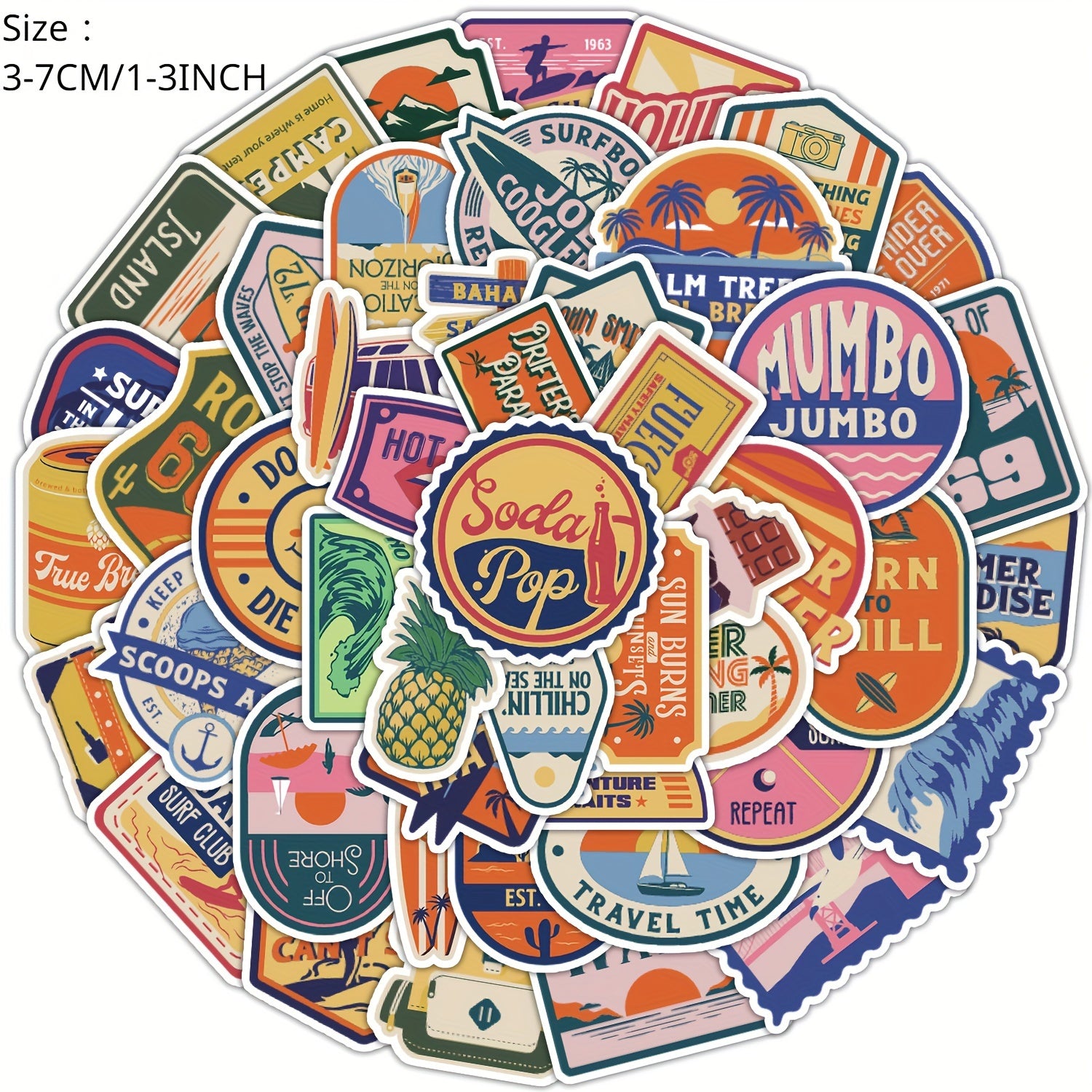 50pcs 70s Retro Vinyl Stickers for Laptops Water Bottles Computers
