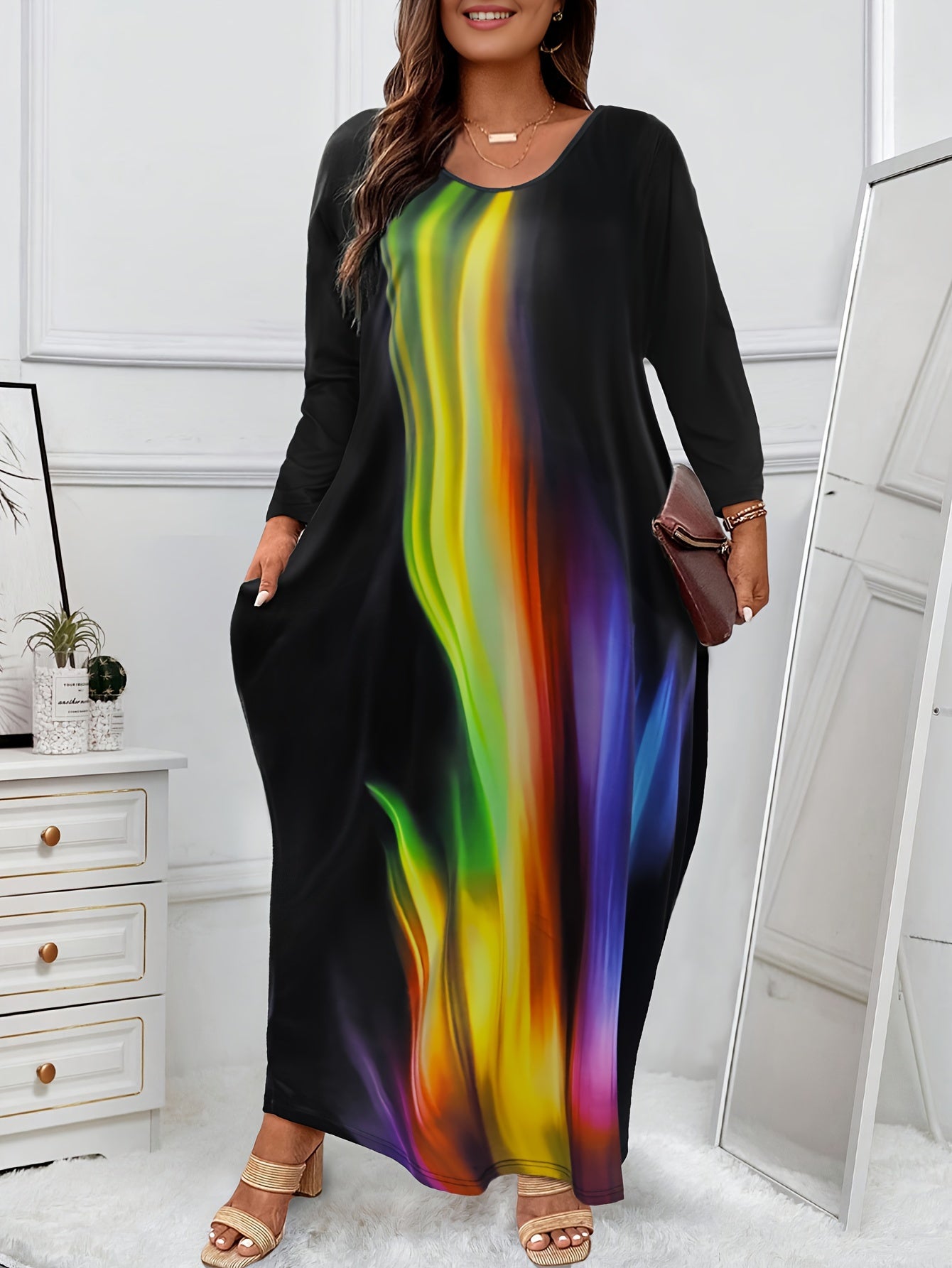 Women's Plus Ombre Long Sleeve Round Neck Maxi Dress