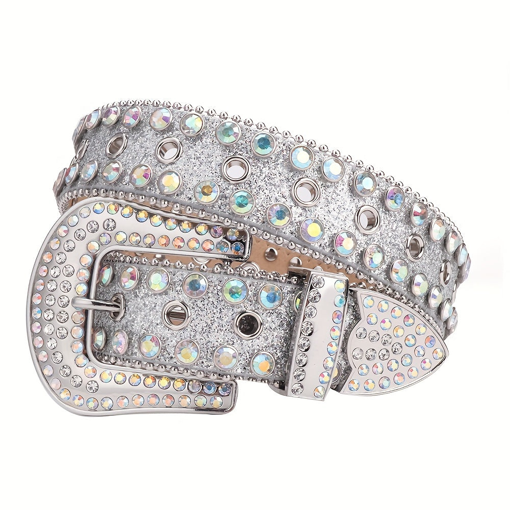 Sparkle Rhinestone Punk Western Studded Belts Women PU Leather Jeans