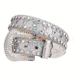 Sparkle Rhinestone Punk Western Studded Belts Women PU Leather Jeans