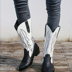 Women's Ethnic Style Embroidery Mid Calf Boots Chunky Heel Slip On Shoes