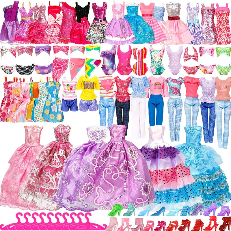 50pcs Doll Clothes & Accessories Wedding Dress Bikini Swimsuit Shoes Hangers