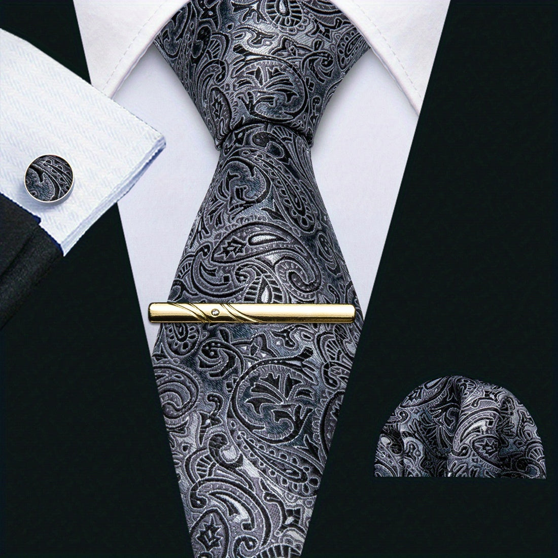 Barry Wang Black&White Floral Paisley Necktie Set