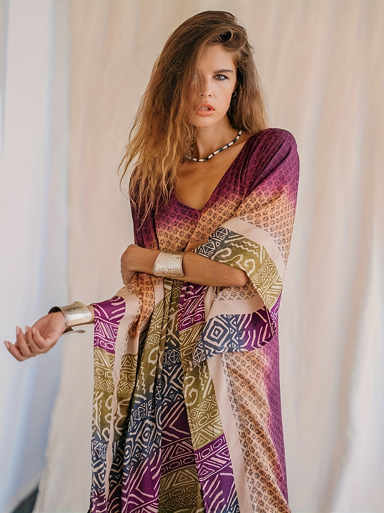 Boho Kimono Women's Plus Tribal Print Batwing Sleeve Split Maxi Cover