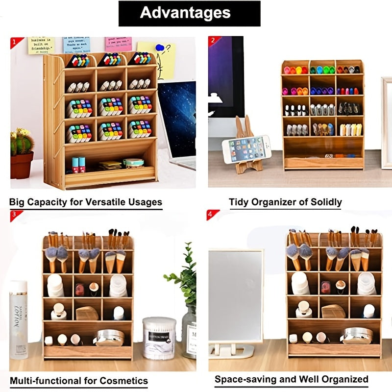 Wooden Desk Organizer Pen Holder Office Art Supplies Storage