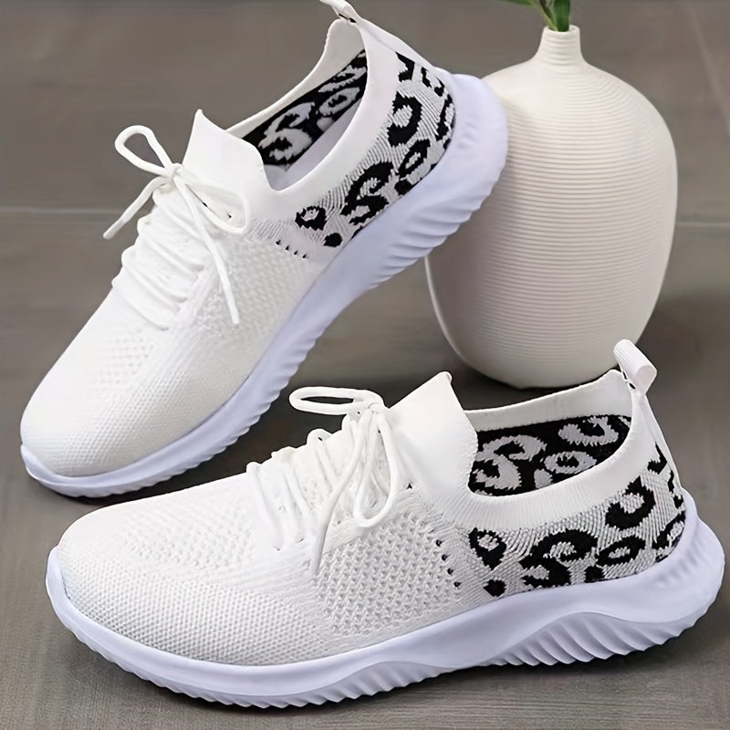 Leopard Print Sneakers Breathable Knitted Lace Up Low Top Running Shoes