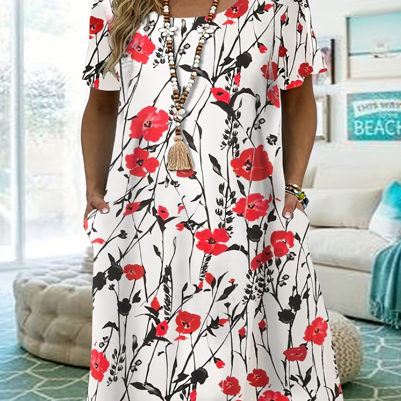 Women's Plus Floral Print Short Sleeve Dress With Pockets