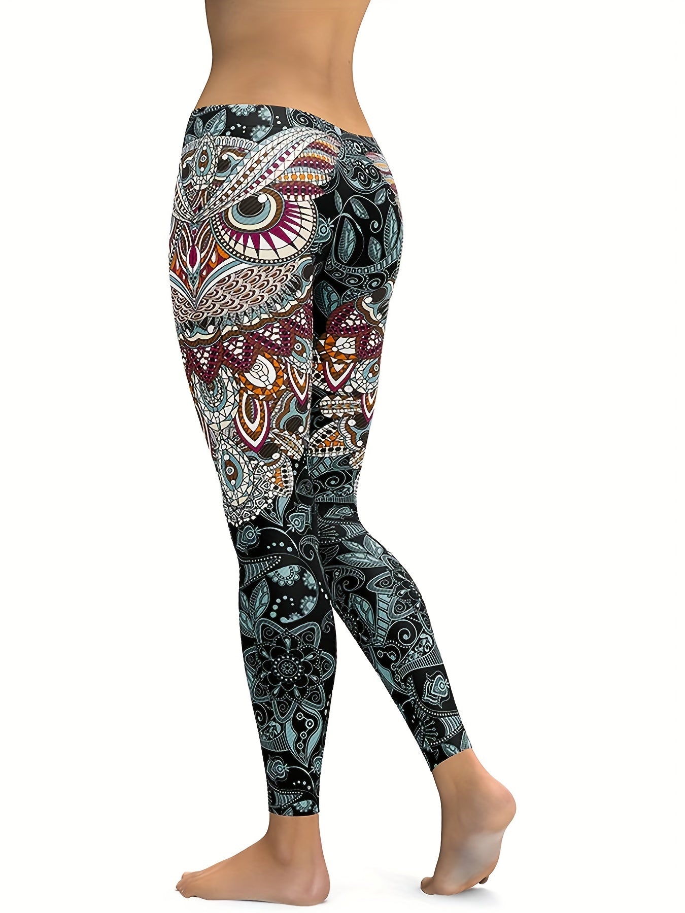 Women's Feather & Eye Print Yoga Leggings Mid Waist High Stretch Gym Pants