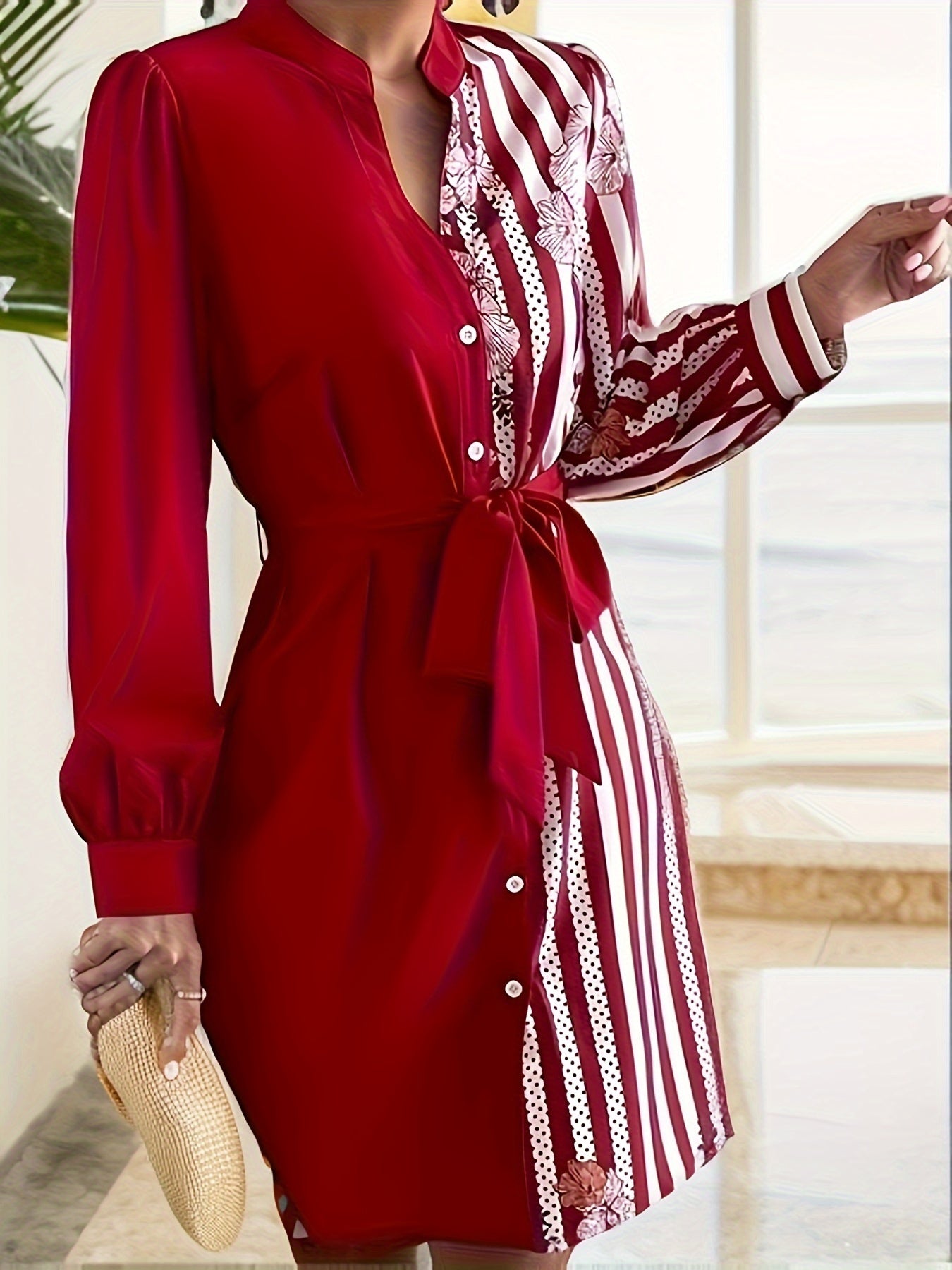 Women's Long Sleeve Button Up Dress With Belt