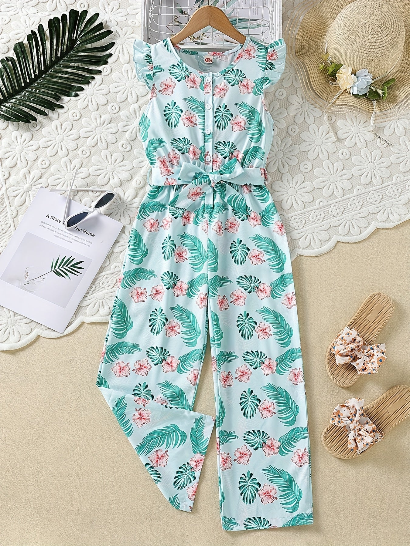 Girls Flutter Sleeve Button Jumpsuits Kids Summer Clothes
