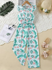 Girls Flutter Sleeve Button Jumpsuits Kids Summer Clothes