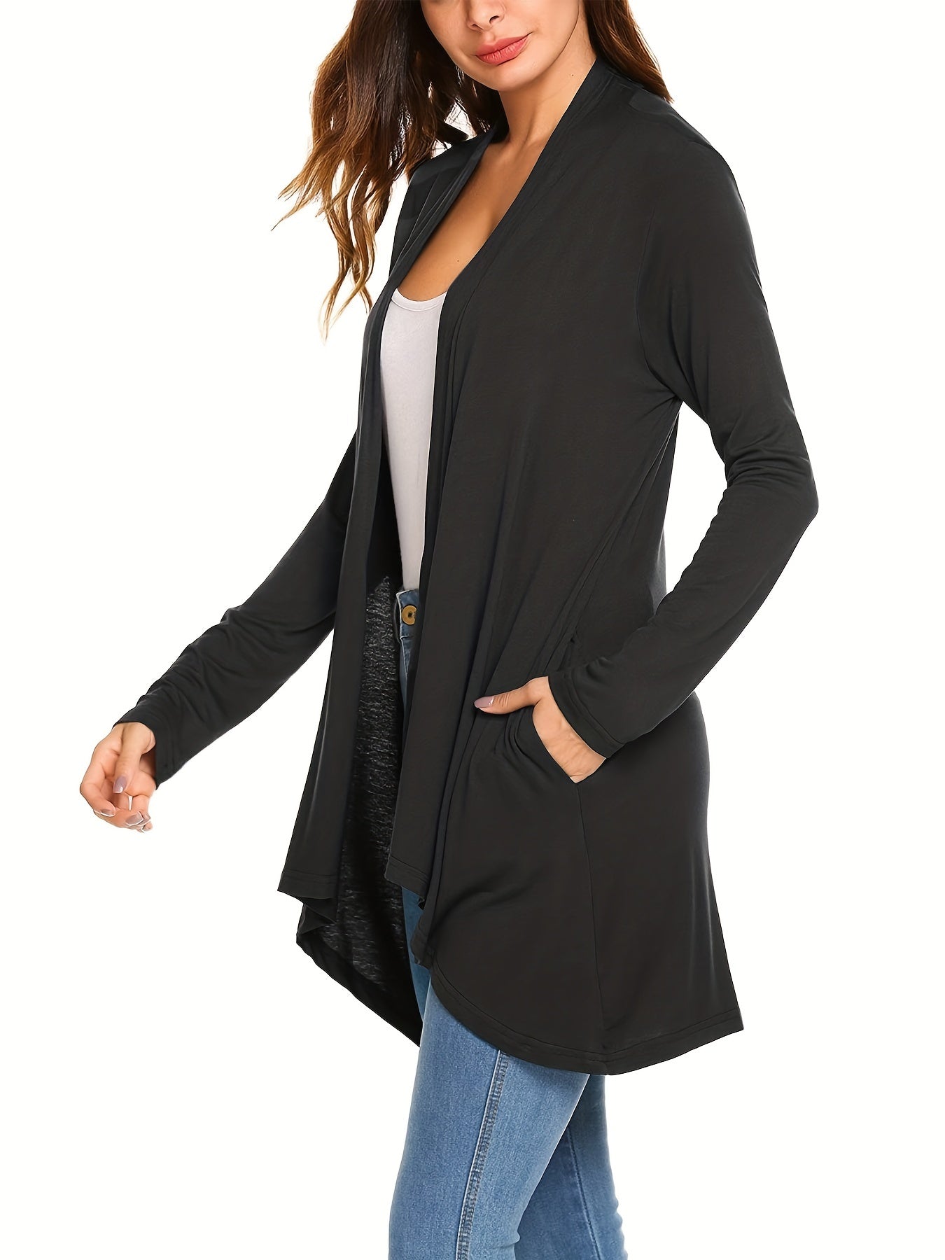Open Front Drape Cardigan Long Sleeve Pocket Cardigan