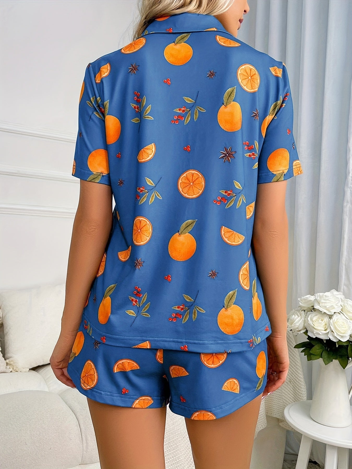 Fruit Print Lounge Set Short Sleeve & Elastic Waist Shorts