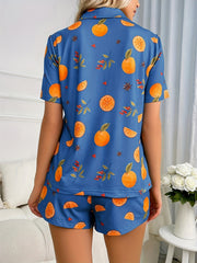 Fruit Print Lounge Set Short Sleeve & Elastic Waist Shorts