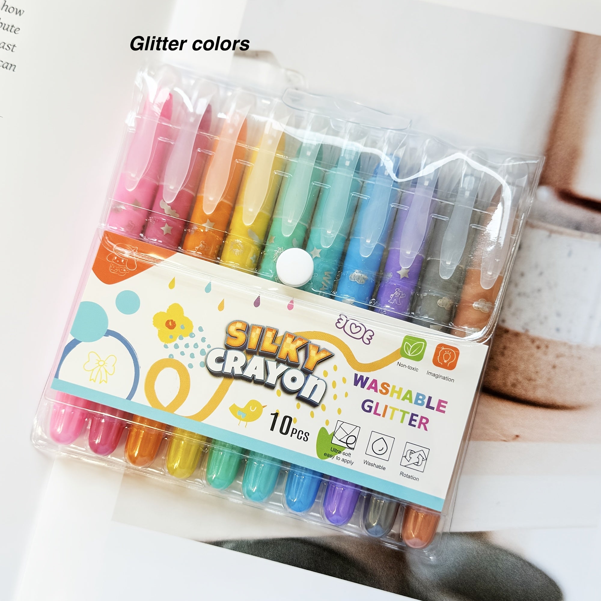 10 Twistable Crayons Glitter & Pastel Shades Non-Toxic Washable Gel