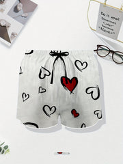 Heart & Letter Print Satin Home Wear Shorts Set
