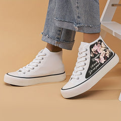 Women's Butterfly & Letter Print Canvas High Top Sneakers Lace Up Outdoor Shoes