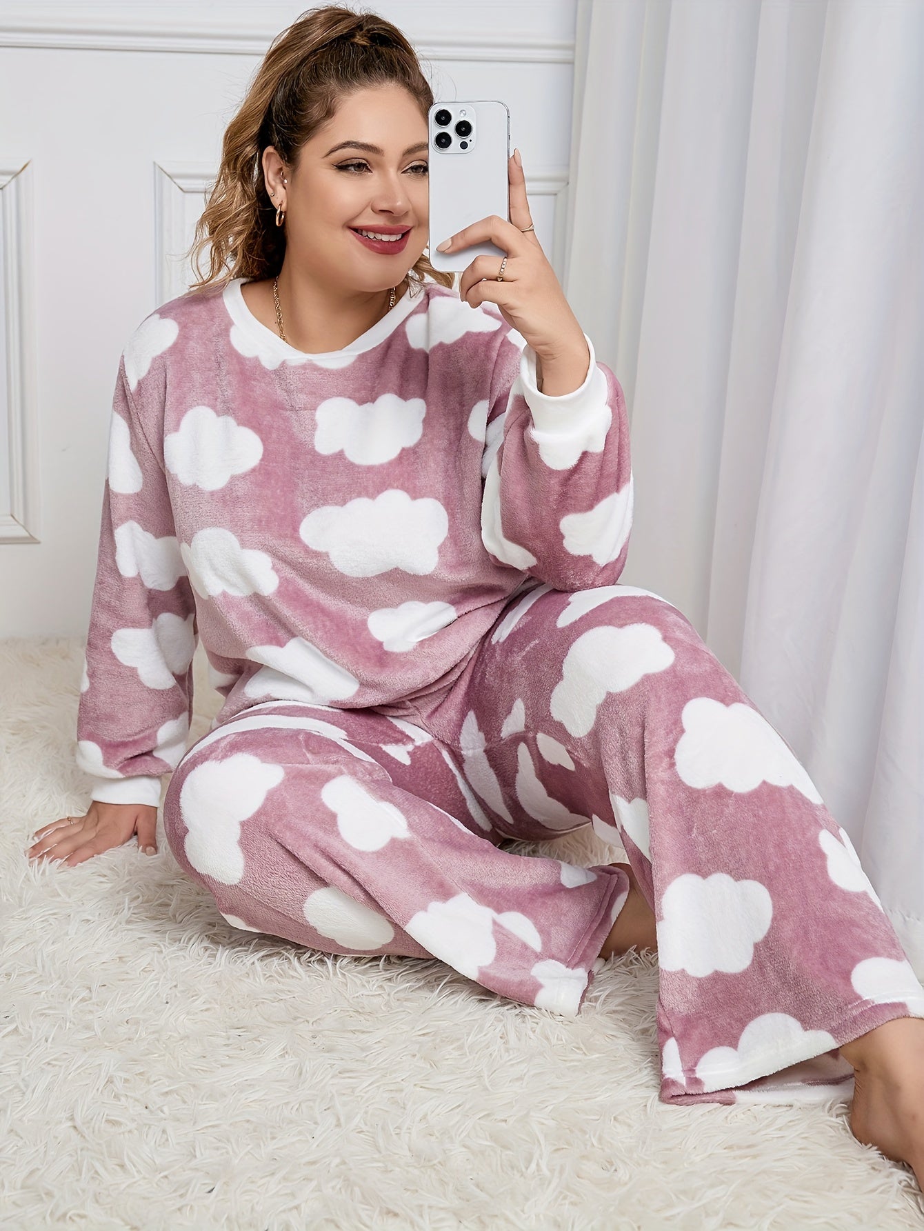Loungewear Set Women's Plus Claud Pattern Flannel Top & Pants