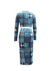 Patchwork Two piece Set Tie Front Long Sleeve Tops & Bag Hip Skirts