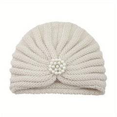 Faux Pearl Pleated Turban Cap Knit Head Wrap Beanie Warm Hat Ramadan Hijab Chemo