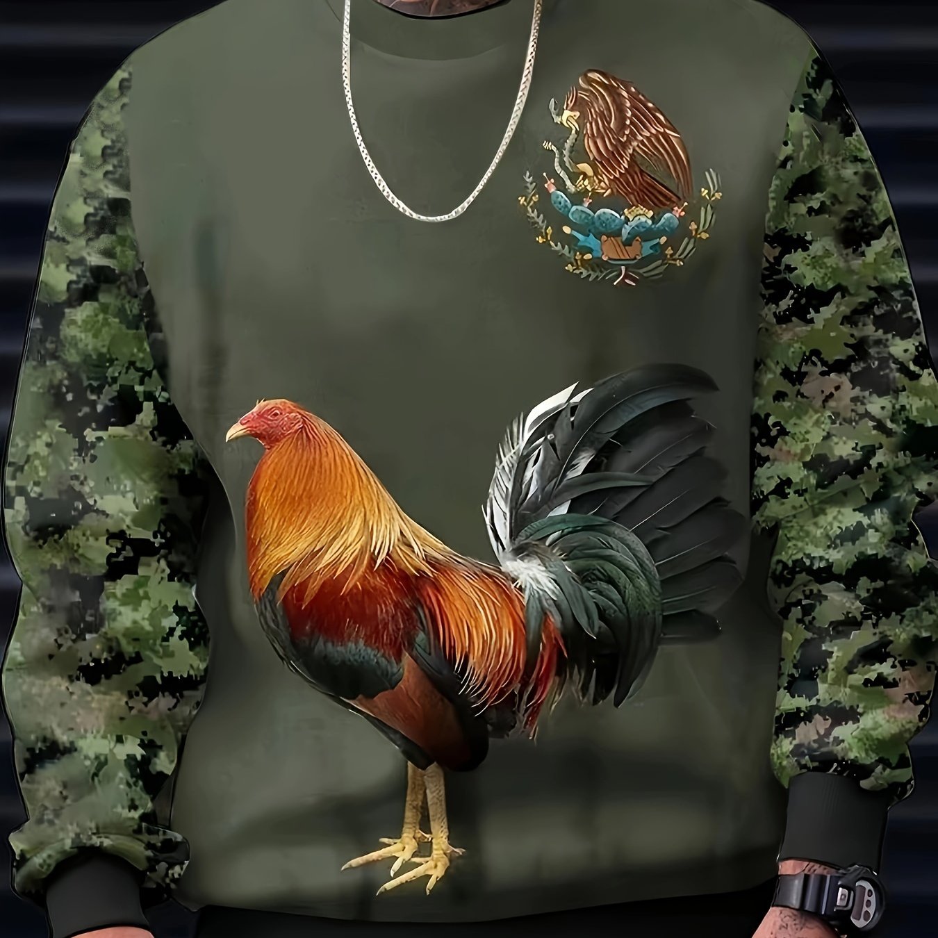 Rooster Print Men's Camo Long Sleeve Sweatshirt