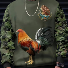Rooster Print Men's Camo Long Sleeve Sweatshirt